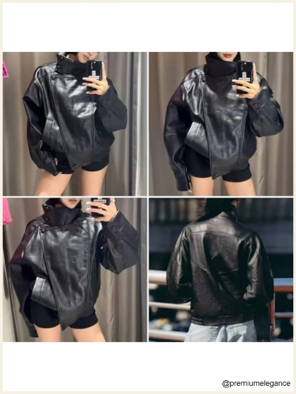 Oversized Faux Leather Jacket High Collar Long Sleeve Zip Up Motorcycle Coat